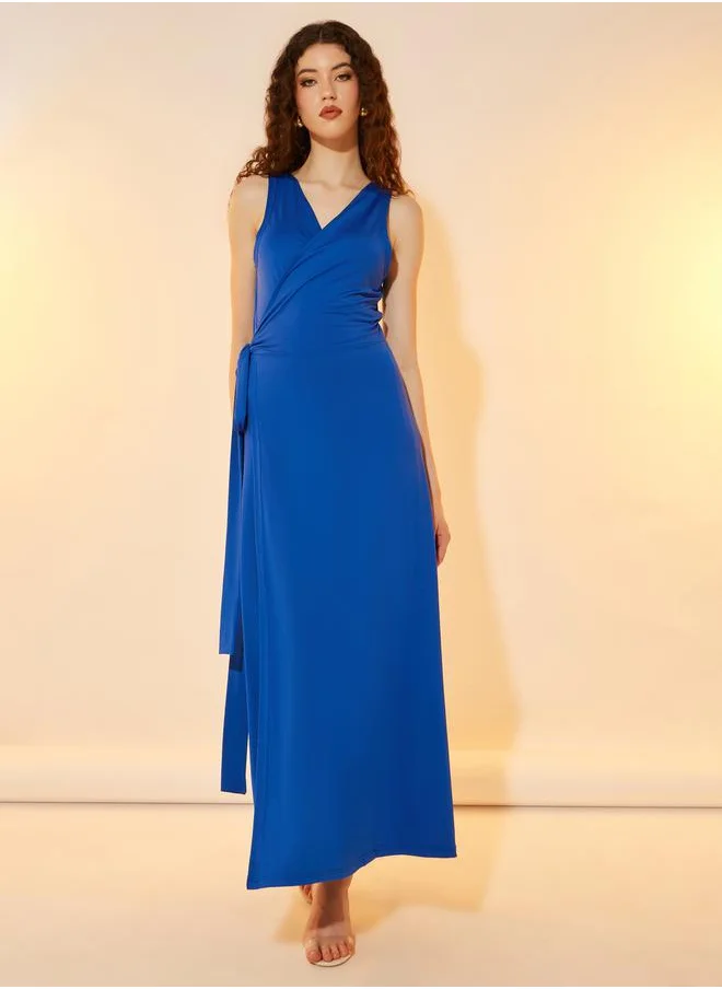 Styli V Neck Wrap Maxi Dress with Tie-Up Detail