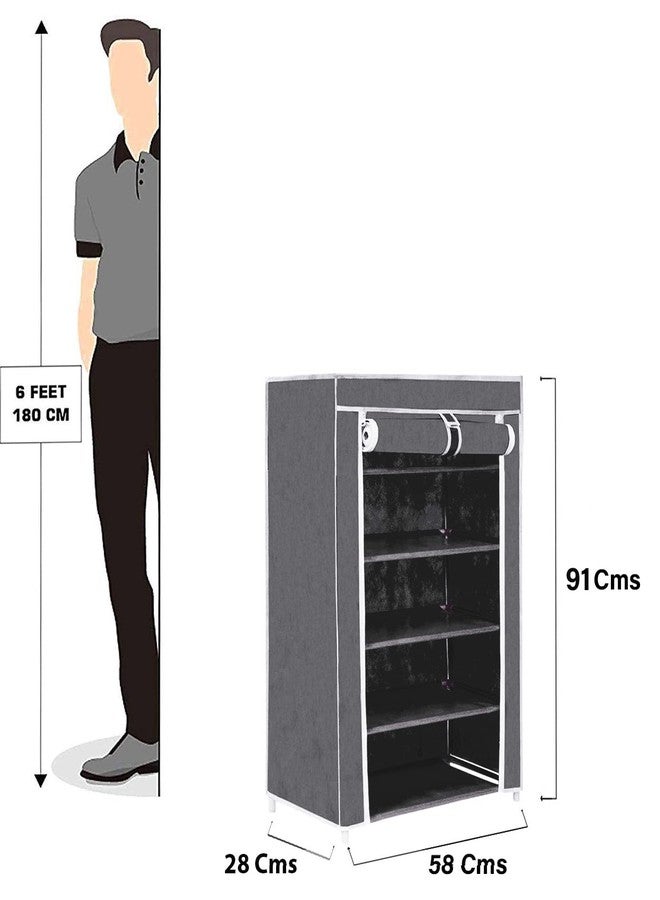FLIPZON Multipurpose 5 Shelves Shoe Rack with Zip Door Cover & Side Pockets, Multiuse Storage Rack for footwear, Toys, clothes with Dustproof Cover (5 Shelves) (Black, Plastic) - Image 2