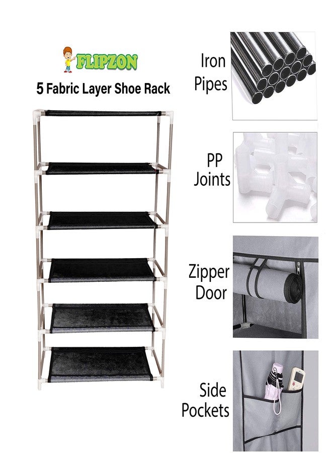 FLIPZON Multipurpose 5 Shelves Shoe Rack with Zip Door Cover & Side Pockets, Multiuse Storage Rack for footwear, Toys, clothes with Dustproof Cover (5 Shelves) (Black, Plastic) - Image 3