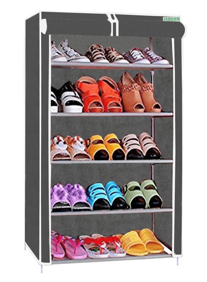 FLIPZON Multipurpose 5 Shelves Shoe Rack with Zip Door Cover & Side Pockets, Multiuse Storage Rack for footwear, Toys, clothes with Dustproof Cover (5 Shelves) (Black, Plastic) - Image 1