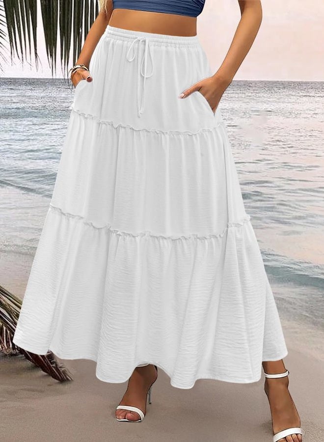 zeagoo Womens Casual Maxi Skirts for Women 2025 High Waist Boho Skirts Floral Printed Long Flowy Skirt with Pockets, White, L - Image 3