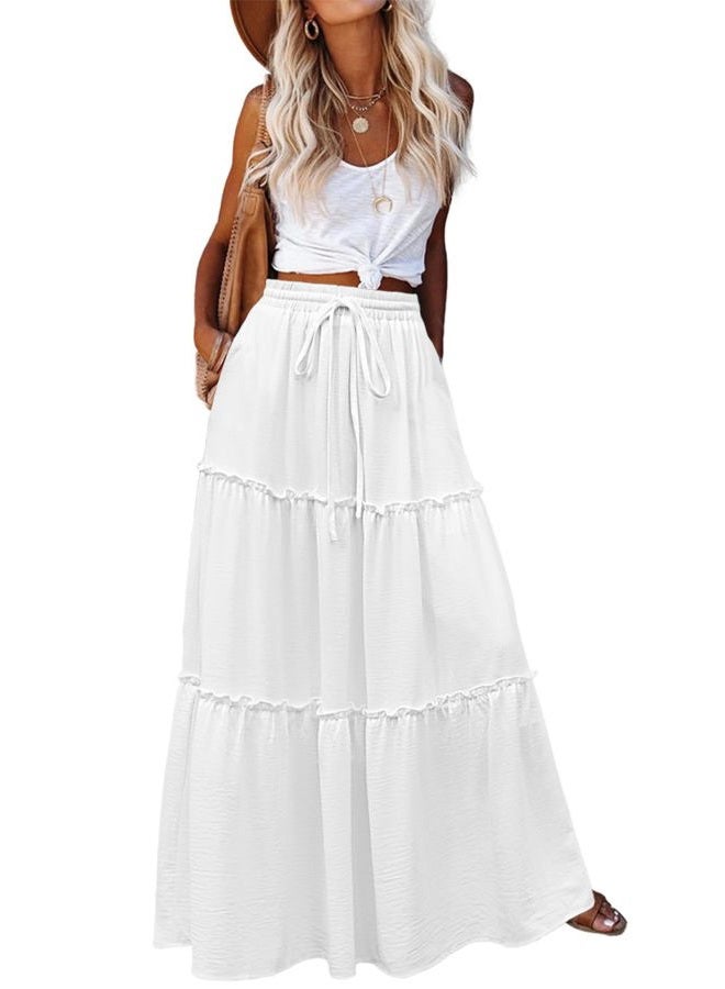 zeagoo Womens Casual Maxi Skirts for Women 2025 High Waist Boho Skirts Floral Printed Long Flowy Skirt with Pockets, White, L - Image 1