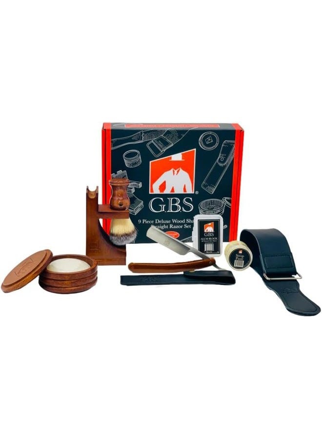 G.B.S Shaving Kit Box Includes- Carbon Steel Razor, 21" Leather Strop, Wooden Soap bowl with Vegan shaving Brush + Stand, Natural Glycerin Shave Soap, Aftershave Gel, and Alum Block - Image 1