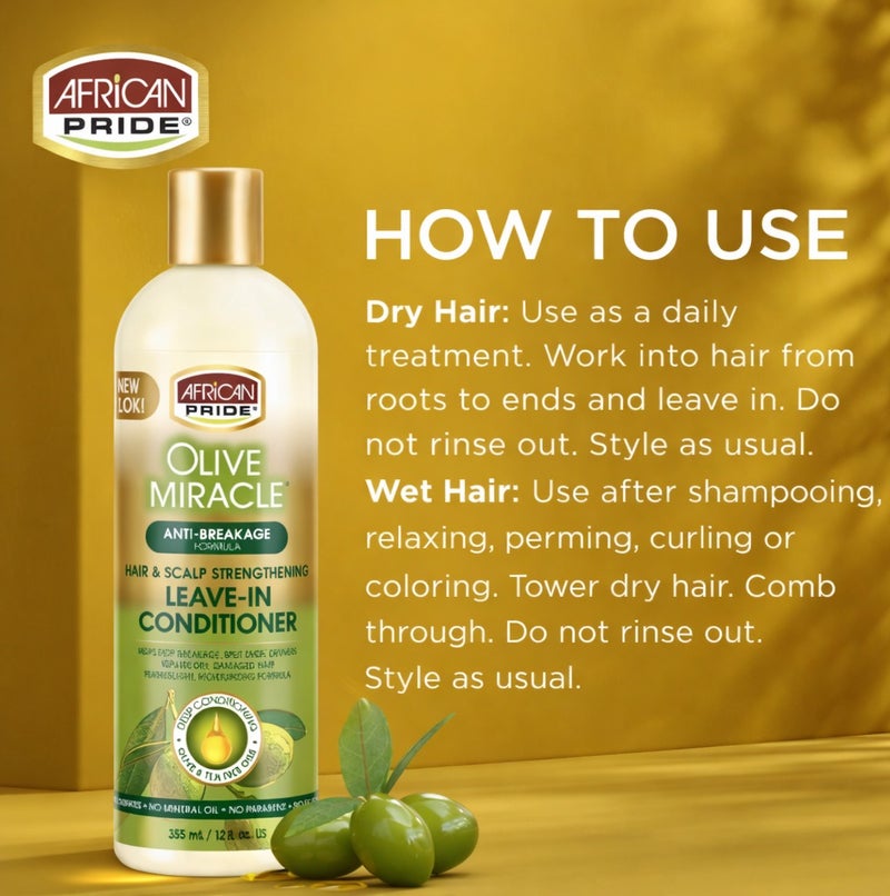 African Pride Olive Miracle Anti-Breakage Formula Hair & Scalp Strengthening Leave-In Conditioner 12 fl oz - Image 2