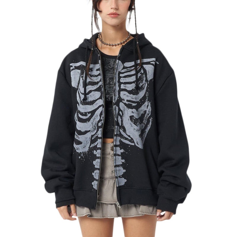 Yuemengxuan Womens Y2K Zipper Hoodie Long Sleeve Sweatshirt Harajuku Punk Grunge Tops Oversized Vintage Streetwear, Skeleton Black, Large - Image 1