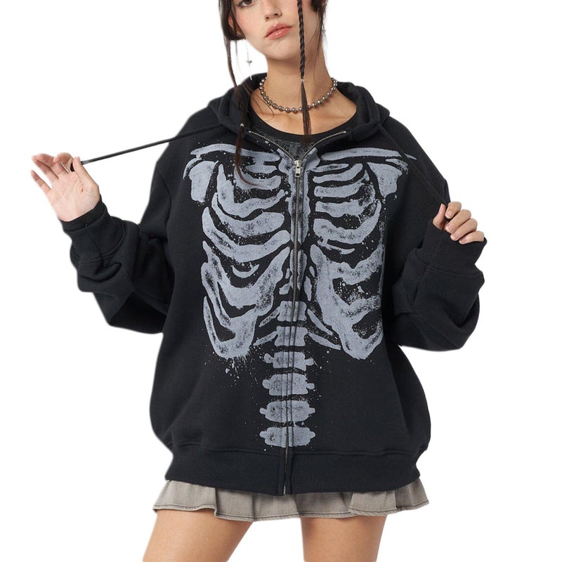 Yuemengxuan Womens Y2K Zipper Hoodie Long Sleeve Sweatshirt Harajuku Punk Grunge Tops Oversized Vintage Streetwear, Skeleton Black, Large - Image 2