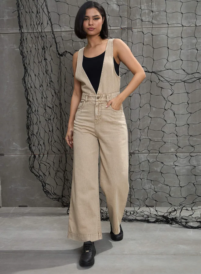 Sassafras Beige Wide-Leg Denim Jumpsuit with V-Neck
