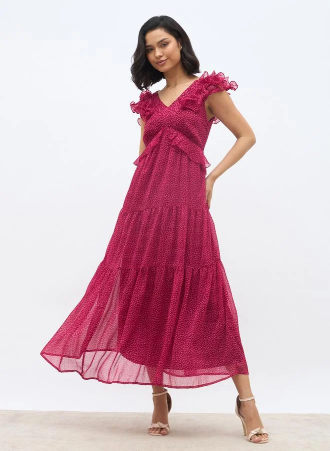 ستايلي Styli Women All-Over Print V Neck Tiered Maxi Dress with Ruffle Trim