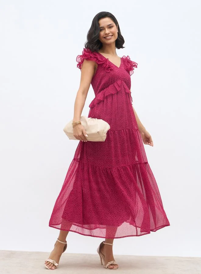 ستايلي Styli Women All-Over Print V Neck Tiered Maxi Dress with Ruffle Trim