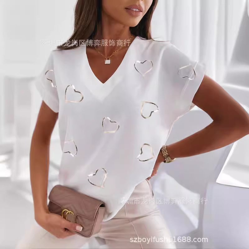2023 New Independent Station Loose V-Neck Love Printed Short Sleeve T-Shirt For Women - Image 1