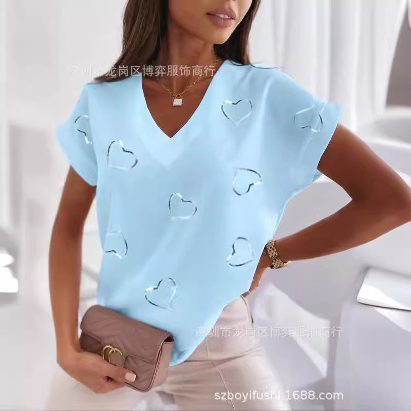 2023 New Independent Station Loose V-Neck Love Printed Short Sleeve T-Shirt For Women - Image 2