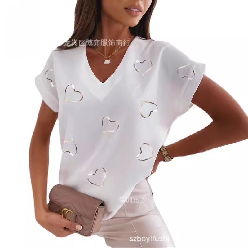 2023 New Independent Station Loose V-Neck Love Printed Short Sleeve T-Shirt For Women - Image 5