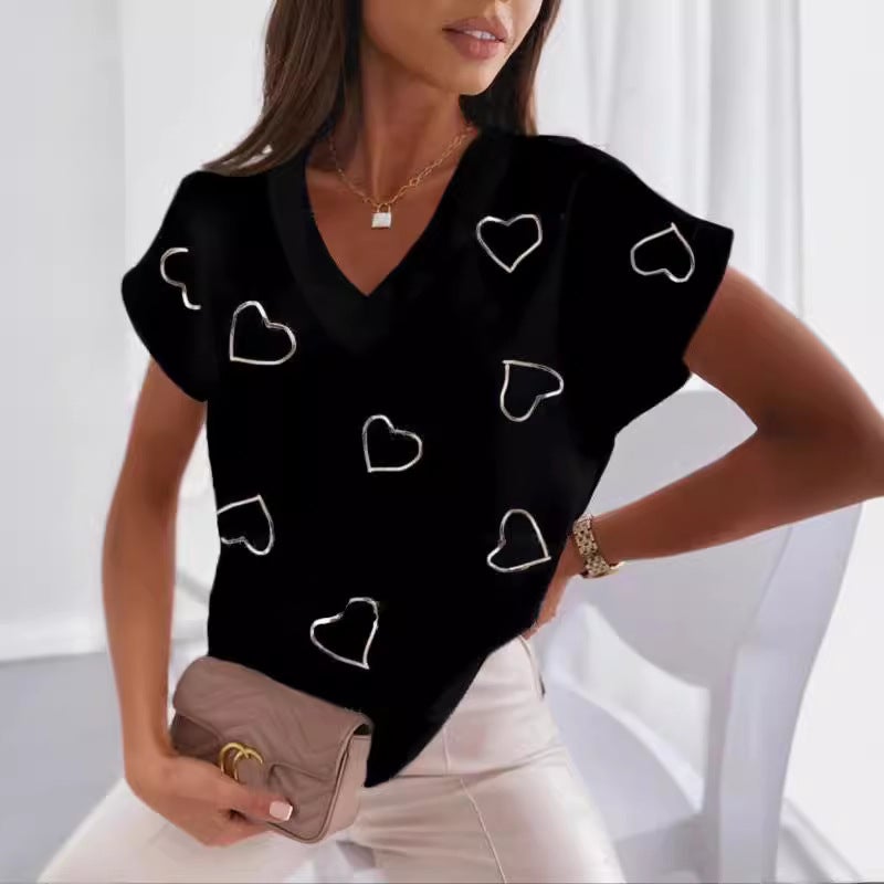 2023 New Independent Station Loose V-Neck Love Printed Short Sleeve T-Shirt For Women - Image 4