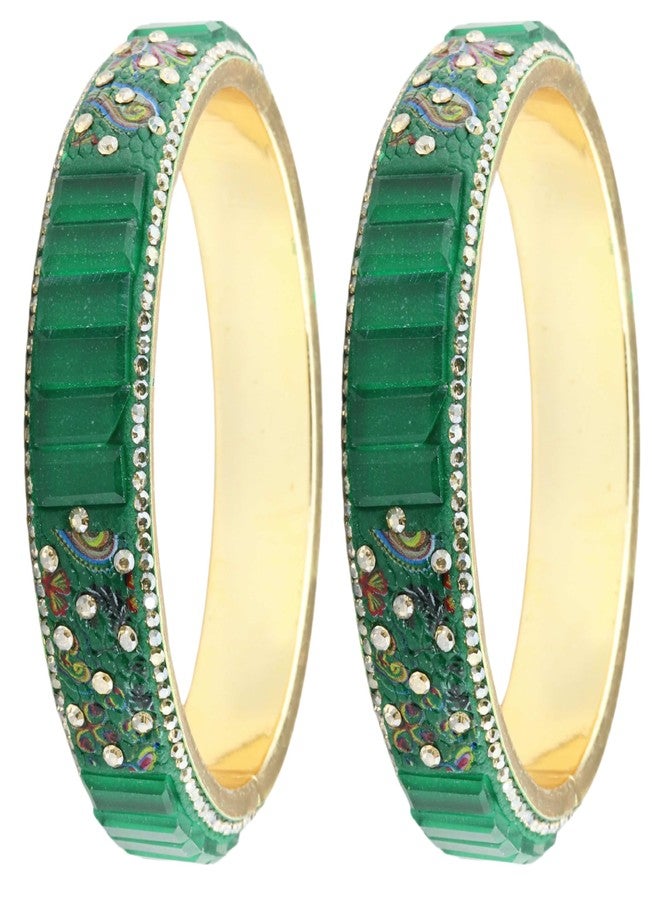 ZULKA Flower Design Golden Brass Metal Bangles Kada For Women & Girls with Zircon Diamond & Crystal | Stylish Bangles | Chudi Set | Brass Bangles-(BB1-DarkGreen-2.8) - Image 5