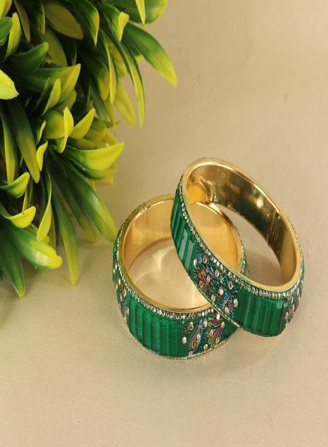 ZULKA Flower Design Golden Brass Metal Bangles Kada For Women & Girls with Zircon Diamond & Crystal | Stylish Bangles | Chudi Set | Brass Bangles-(BB1-DarkGreen-2.8) - Image 2