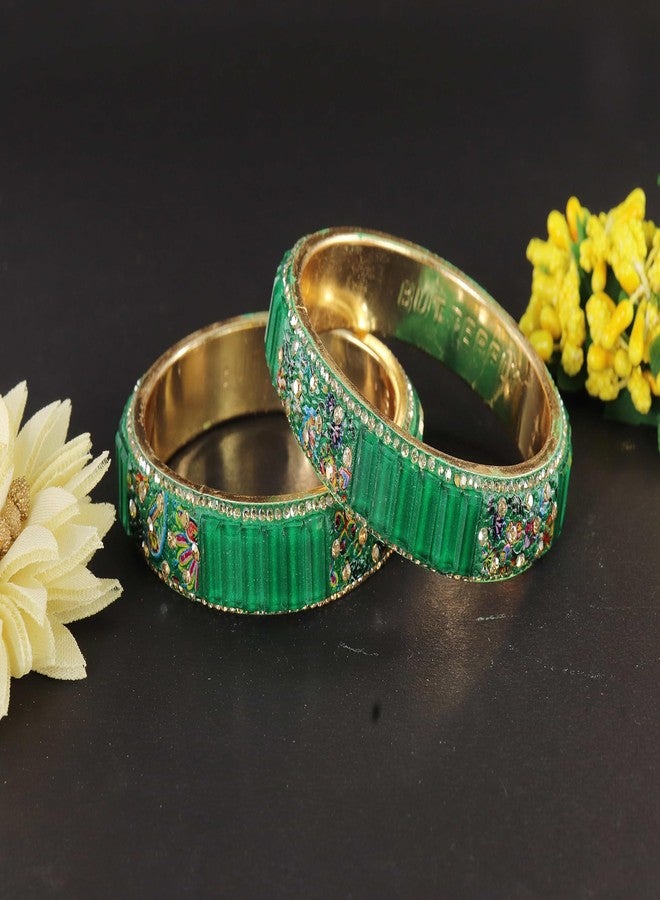 ZULKA Flower Design Golden Brass Metal Bangles Kada For Women & Girls with Zircon Diamond & Crystal | Stylish Bangles | Chudi Set | Brass Bangles-(BB1-DarkGreen-2.8) - Image 4
