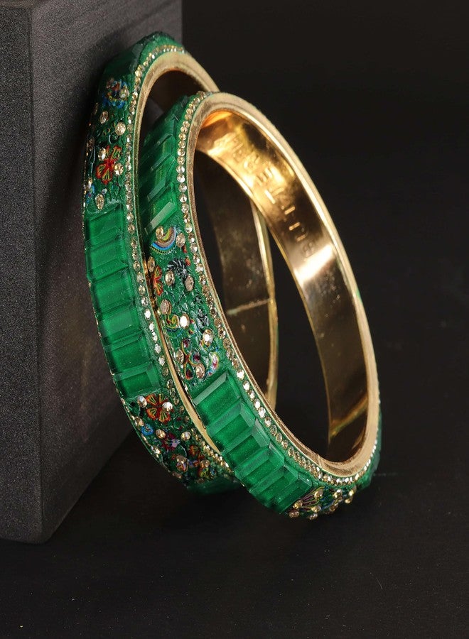 ZULKA Flower Design Golden Brass Metal Bangles Kada For Women & Girls with Zircon Diamond & Crystal | Stylish Bangles | Chudi Set | Brass Bangles-(BB1-DarkGreen-2.8) - Image 3