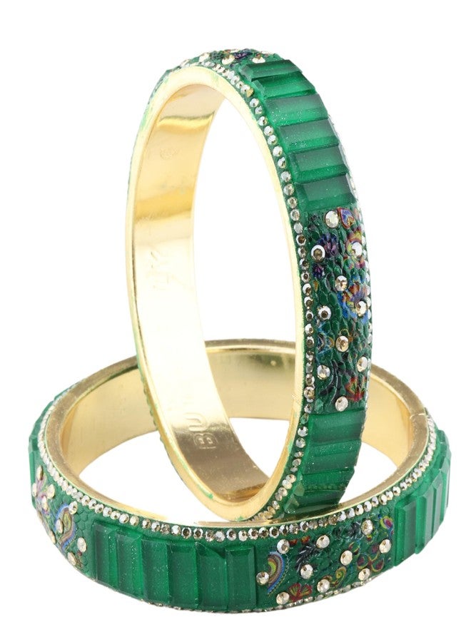 ZULKA Flower Design Golden Brass Metal Bangles Kada For Women & Girls with Zircon Diamond & Crystal | Stylish Bangles | Chudi Set | Brass Bangles-(BB1-DarkGreen-2.8) - Image 1