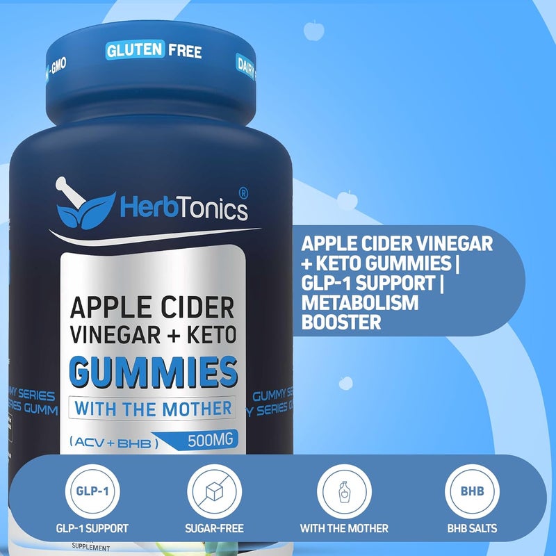 Herbtonics هاربتونيكس جيلاتين خل التفاح كيتو لدعم الهضم والتخلص من السموم خالي من السكر BHB تركيبة متقدمة لدعم الكيتو خل التفاح الخام مع الأم 120 جيلاتين نباتي من خل التفاح - Image 2