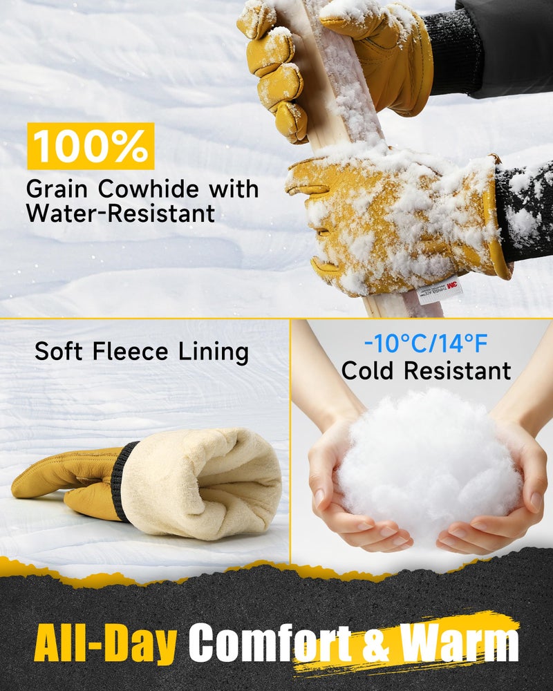DULFINE Waterproof Winter Work Gloves for Men and Women,3M Thinsulate Lining for Cold Weather,Cow Leather Thermal Insulated - Image 4