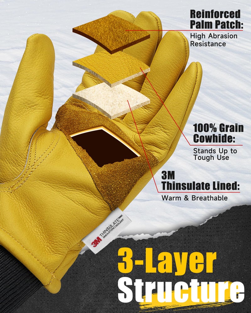 DULFINE Waterproof Winter Work Gloves for Men and Women,3M Thinsulate Lining for Cold Weather,Cow Leather Thermal Insulated - Image 2