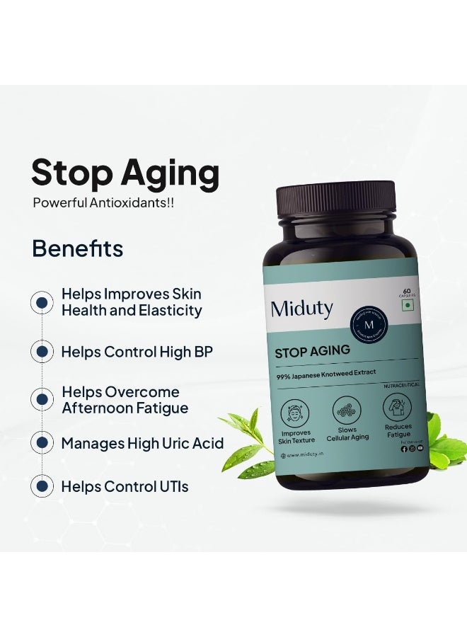 Miduty Stop Aging Trans-Resveratrol 99% | Anti Aging Formula with Japanese Knotweed – Pure Antioxidant for Fine Lines, Wrinkles & Skin Texture | 60 Capsules - Image 2