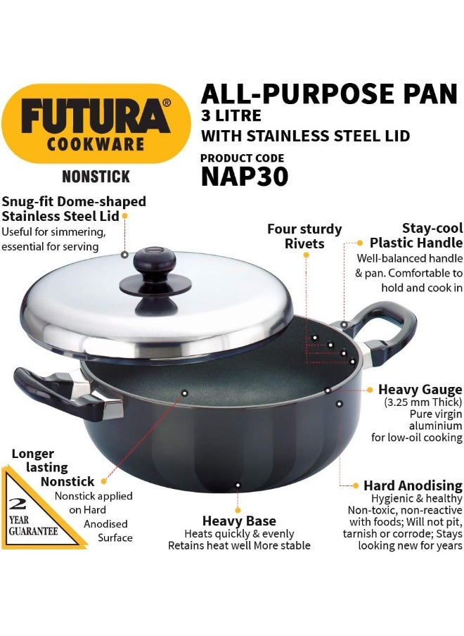 Hawkins - Hawkins Futura Nonstick All-Purpose Pan 3L, 22 cm, 3.25 mm with SS Lid (Black) - Image 1