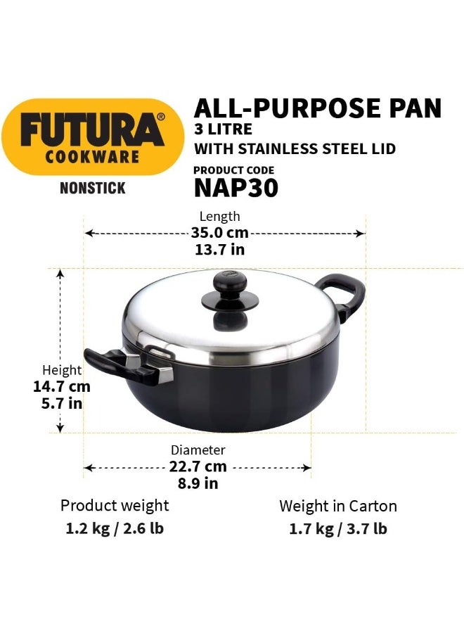 Hawkins - Hawkins Futura Nonstick All-Purpose Pan 3L, 22 cm, 3.25 mm with SS Lid (Black) - Image 1