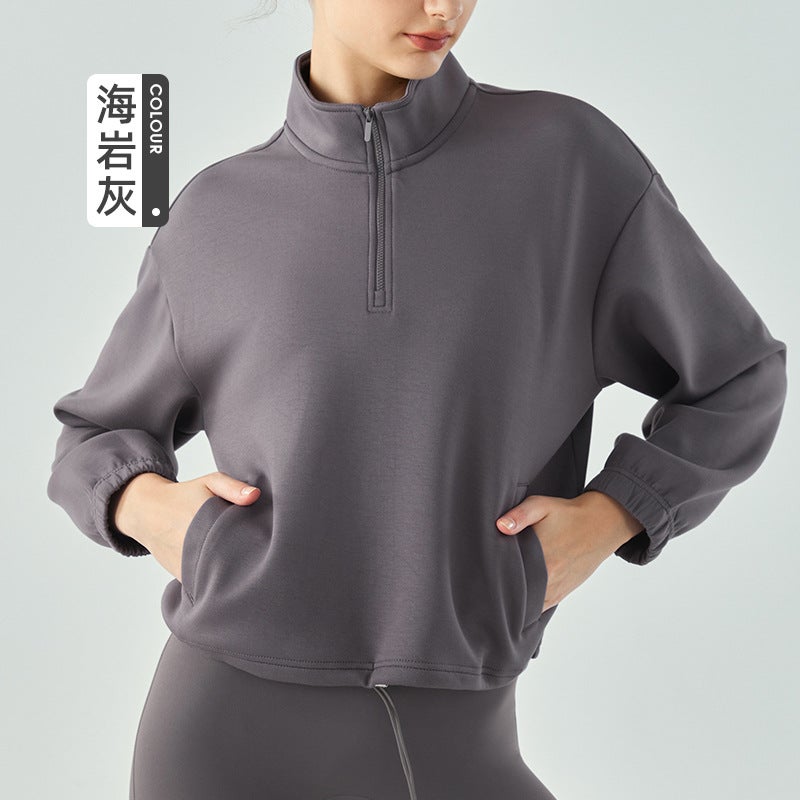 Generic Stand Collar Zip Sweatshirt Slim Fit Womens Sports Sea Rock Gray
