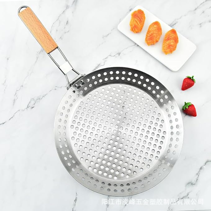 Bafnsiji Stainless Steel Grill Pan With Hole NonStick Bbq Frying Pan NonStick Barbecue Skillet 430 Stainless Steel Grilling Pans Folding Wooden Handle Bbq Pan - Image 5