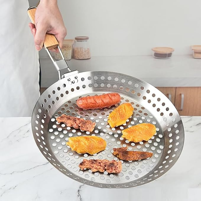 Bafnsiji Stainless Steel Grill Pan With Hole NonStick Bbq Frying Pan NonStick Barbecue Skillet 430 Stainless Steel Grilling Pans Folding Wooden Handle Bbq Pan - Image 2