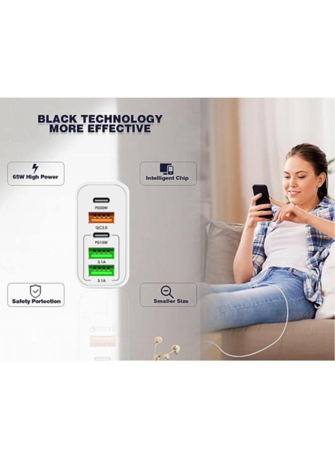 65W Multifunctional 5 Port TYPE C Charger - Wall Plug USB C PD Charger With Quick Charge 3.0 - Infino Charging Station Compatible With IPhone,  Pixel, Samsung, Huawei, iPad, AirPods,Tablets And More