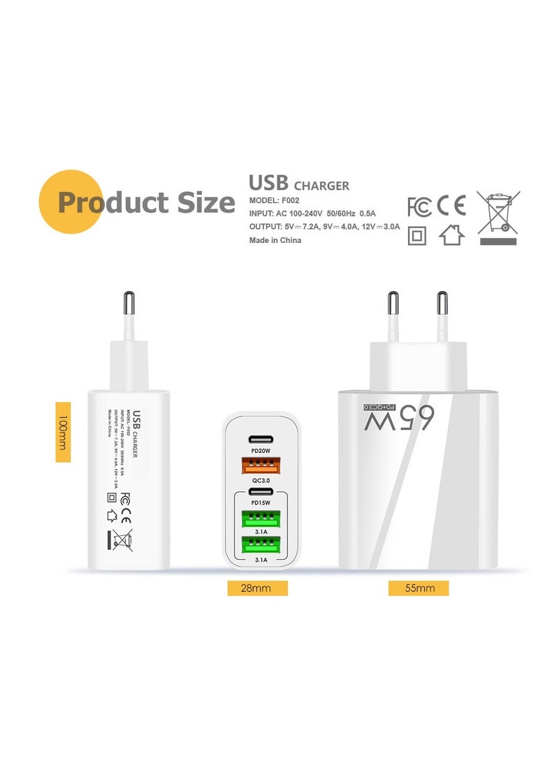 65W Multifunctional 5 Port TYPE C Charger - Wall Plug USB C PD Charger With Quick Charge 3.0 - Infino Charging Station Compatible With IPhone,  Pixel, Samsung, Huawei, iPad, AirPods,Tablets And More