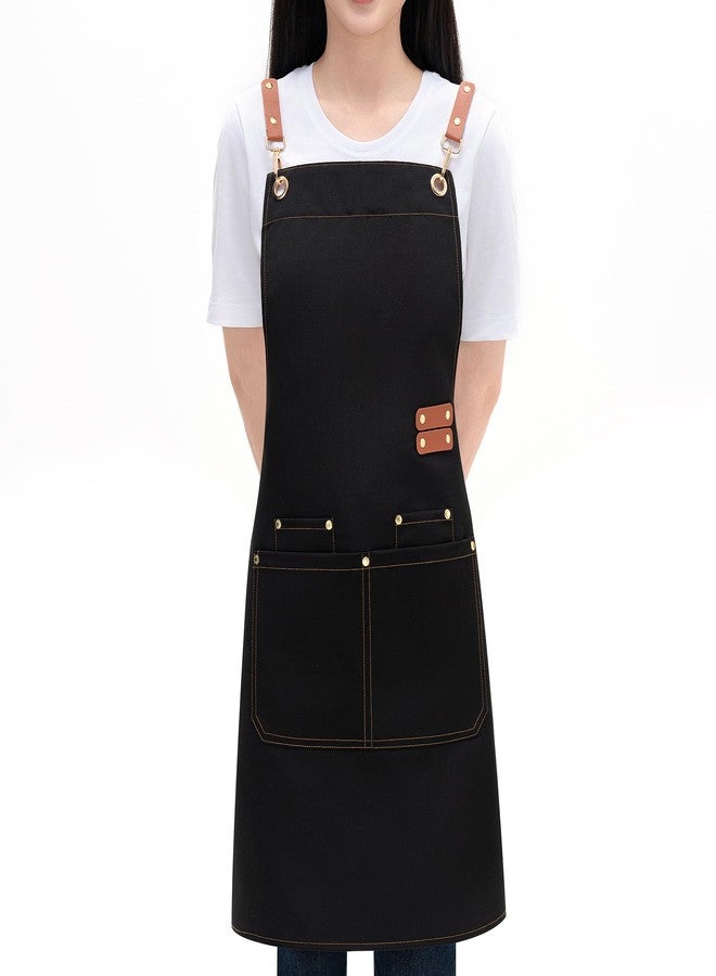LOYGLIF Chef Aprons for Men Women with Large Pockets, Cotton Canvas Cross Back Adjustable Cooking Kitchen Work Waterproof Bib Apron Black - Image 2