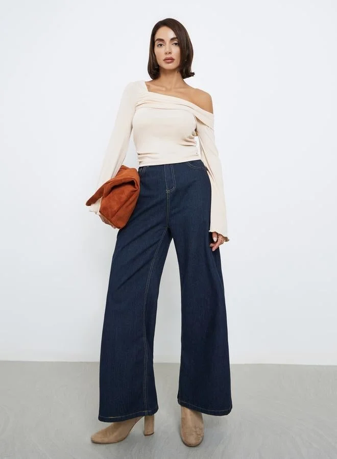 Styli Cream Knit Asymmetric Neck Top