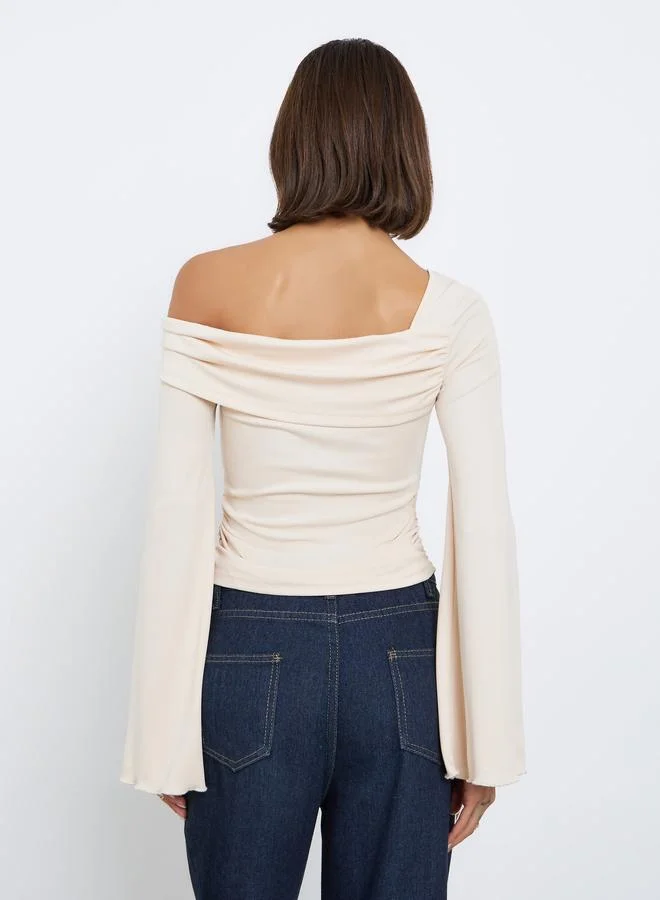 Styli Cream Knit Asymmetric Neck Top