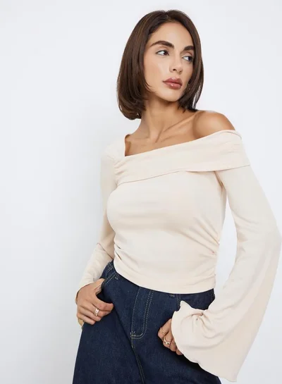 Styli Cream Knit Asymmetric Neck Top