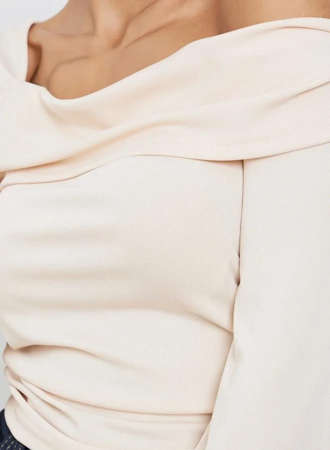 Styli Cream Knit Asymmetric Neck Top