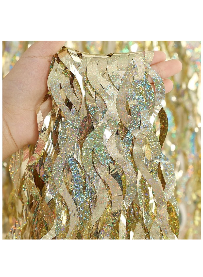 SYOSI 4 Pack Laser S-Shaped Silver Fringe Curtain Backdrop - 3.3 x 6.6 ft Gold Foil Fringe Curtains Party Supplies, Tinsel Curtain Backdrop for Parties, Birthday, Photo Booth - Image 1