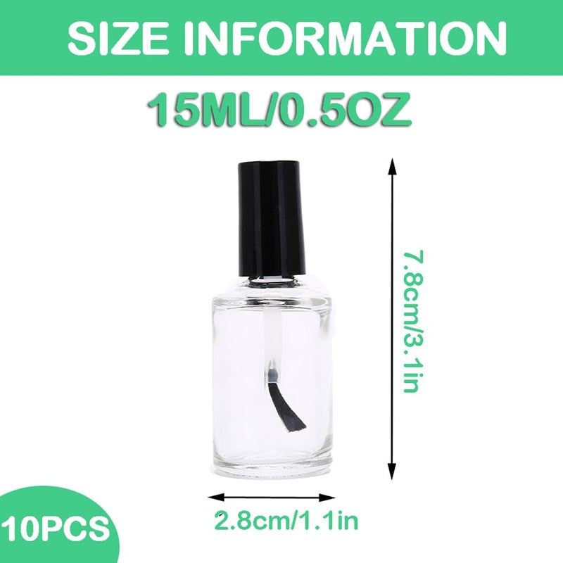 Elandy 10PCS 15ML/0.5OZ Empty Round Clear Nail Polish Glass Bottles with Brush Black Cap Small Nail Vials Travel Trial Packing Container Liquid Blush Storage Holder Dispenser for Nail Art - Image 2