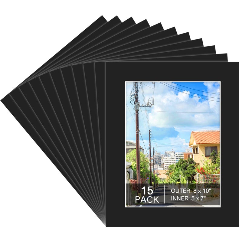 Prudiut 15 Pack 8x10 Black Picture Mats, Frame Mattes for 5x7 Pictures Photo Frame Mat Core Bevel Cut Mat Board Show Kit for Photos, Prints, Artworks - Image 1