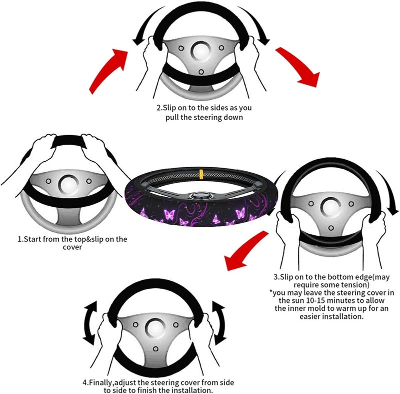 Swono Butterfly Purple Steering Wheel Cover for Men Women - Universal 15 Inch Neoprene Anti-Slip Protector - Image 4