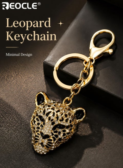 Leopard Head Keychain with Crystal Inlays & Polished Metal Frame Sturdy Accessory for Keys Bags & Stylish Daily Use