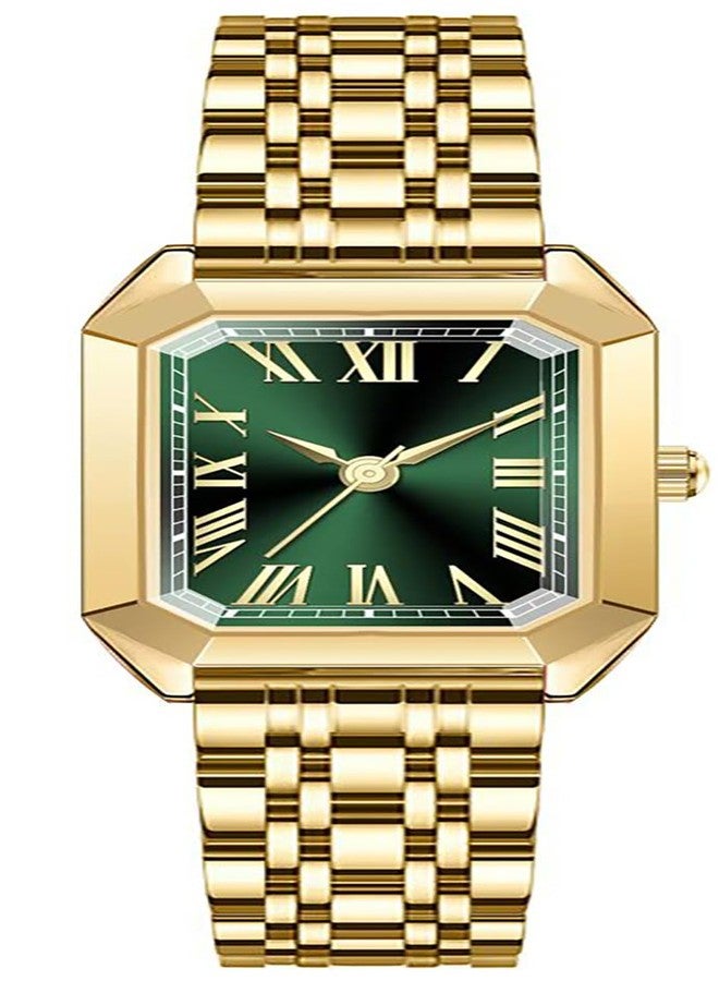 BESTKANG Vintage Gold Roman Numeral Watch for Women, Rectangular Alloy Bracelet, 3ATM Waterproof Quartz Movement with Tools, Gold Green, Vintage - Image 1