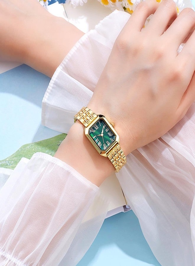 BESTKANG Vintage Gold Roman Numeral Watch for Women, Rectangular Alloy Bracelet, 3ATM Waterproof Quartz Movement with Tools, Gold Green, Vintage - Image 2