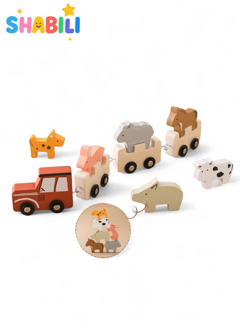 SHABILI Wooden Animal Cognition Train Set Montessori Pull Toy Natural Wood for Toddlers Boys & Girls Birthday Gift 3 Years+ - Image 1
