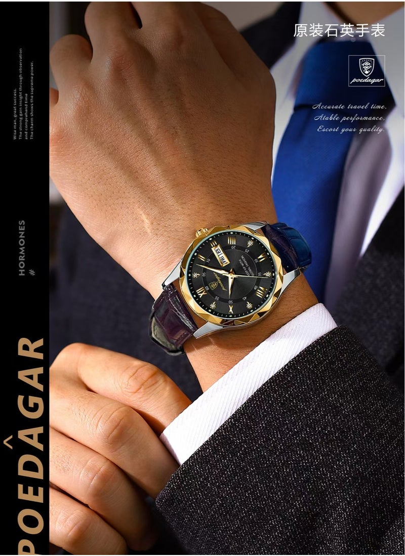 POEDAGAR Men's round silicone strap simulation watch black  - Image 4