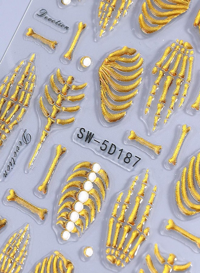 LYLYNB Skull Nail Stickers 2Pcs Skeleton Nail Art Stickers 5D Embossed Design Nail Decals Self Adhesive Halloween Nail Decorations Hand Bones Nails Sliders for Women Girls Manicure Accessories - Image 3
