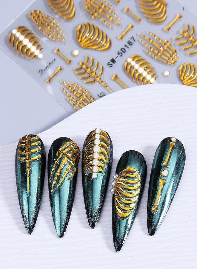 LYLYNB Skull Nail Stickers 2Pcs Skeleton Nail Art Stickers 5D Embossed Design Nail Decals Self Adhesive Halloween Nail Decorations Hand Bones Nails Sliders for Women Girls Manicure Accessories - Image 4
