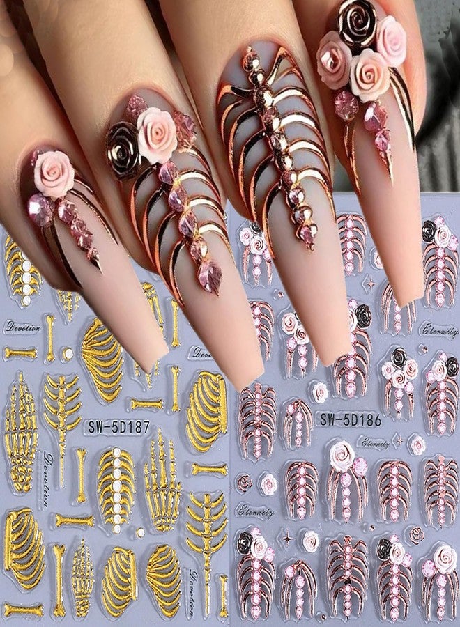 LYLYNB Skull Nail Stickers 2Pcs Skeleton Nail Art Stickers 5D Embossed Design Nail Decals Self Adhesive Halloween Nail Decorations Hand Bones Nails Sliders for Women Girls Manicure Accessories - Image 1